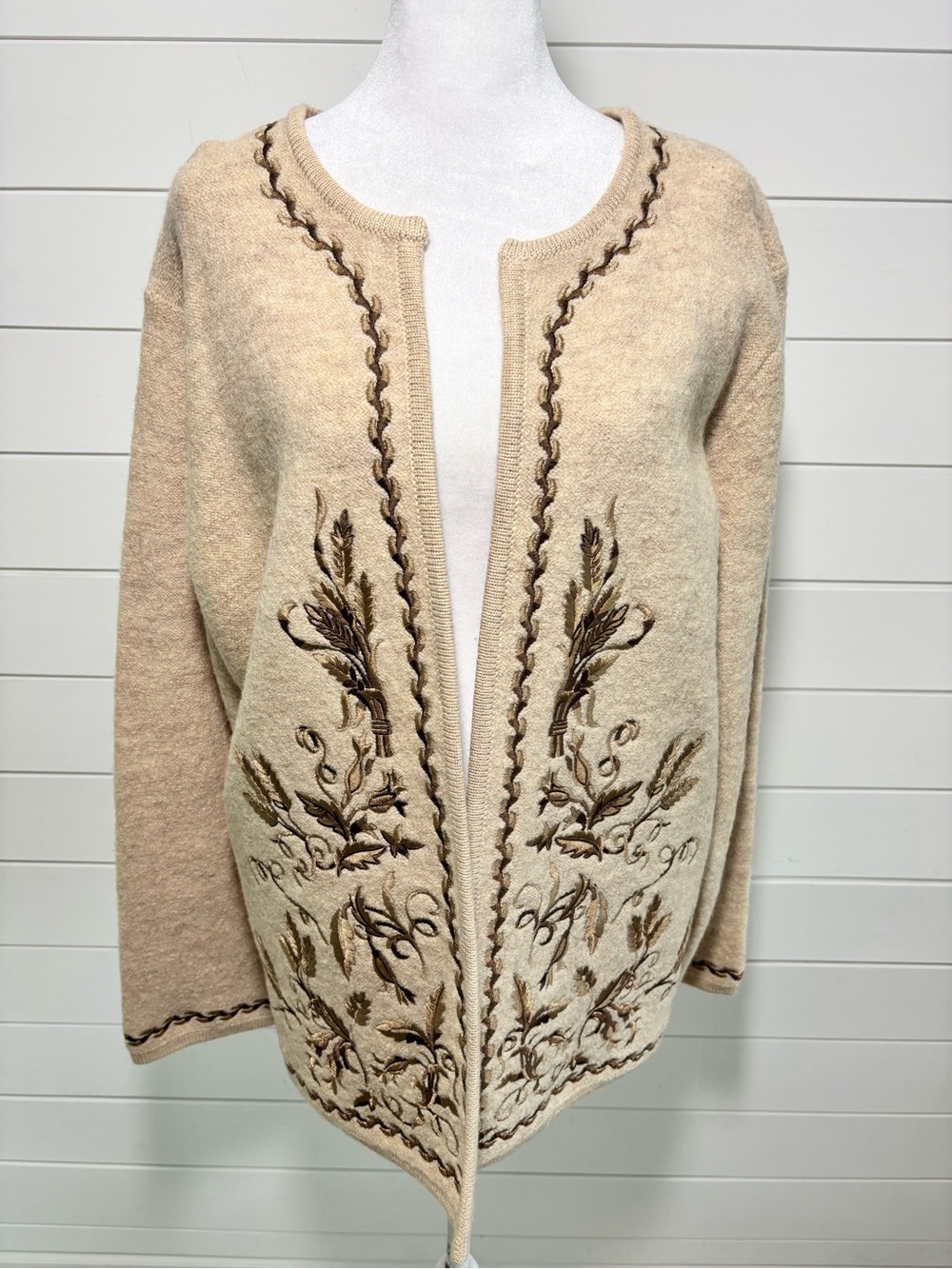 Linea By Louis Dell'Olio Vintage Wool Embroider Open-Front Cream Cardigan